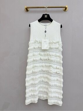 CHANEL Ivory Sleeveless Ruffle Knit Mini Dress
